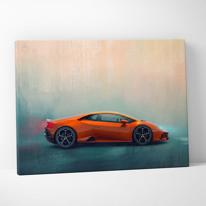 Lamborghini Huracán Evo inspired supercar canvas art featuring vibrant orange car with sleek black wheels on gradient background