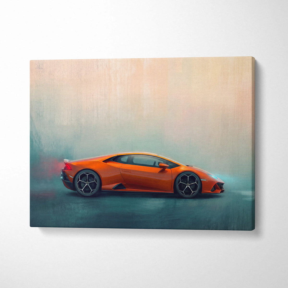 Vibrant orange lamborghini huracán evo inspired supercar canvas art showcasing a dynamic side profile print