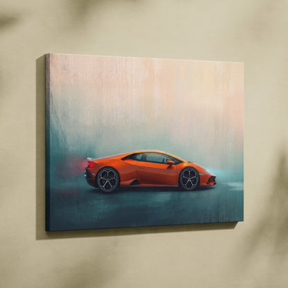 Vibrant orange lamborghini huracán evo inspired sports car canvas art print for custom car wall decor