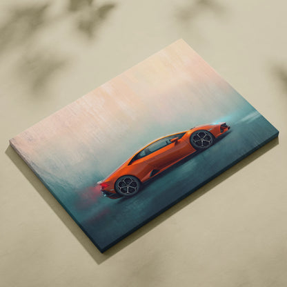 Orange lamborghini huracán evo inspired supercar canvas art featuring sleek sports car design for wall decor