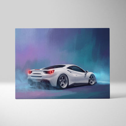 White Ferrari 488 GTB inspired canvas art with glowing red taillights and smoky neon background for wall decor