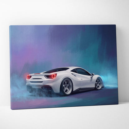 White ferrari 488 gtb inspired canvas art with glowing red taillights on smoky neon background premium wall decor