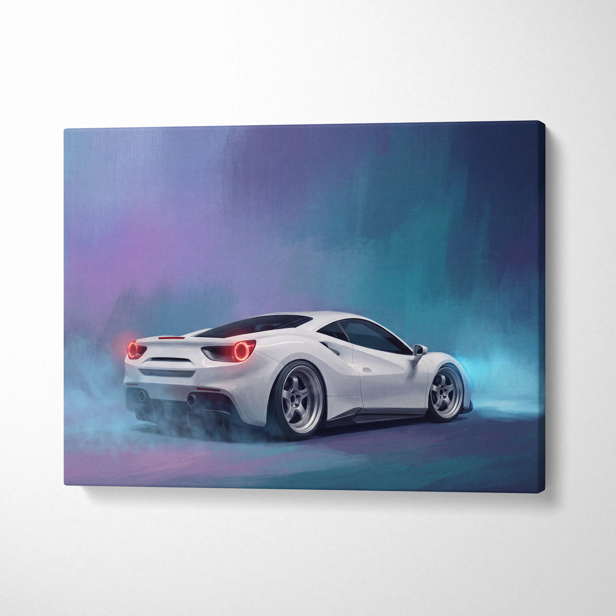 White Ferrari 488 GTB inspired canvas art with glowing red taillights and smoky neon background for wall decor
