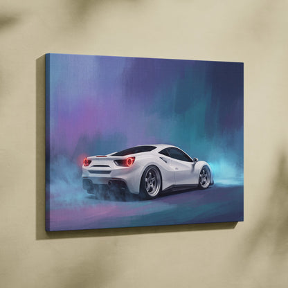 White ferrari 488 gtb inspired canvas art with glowing red taillights and smoky neon background premium wall decor