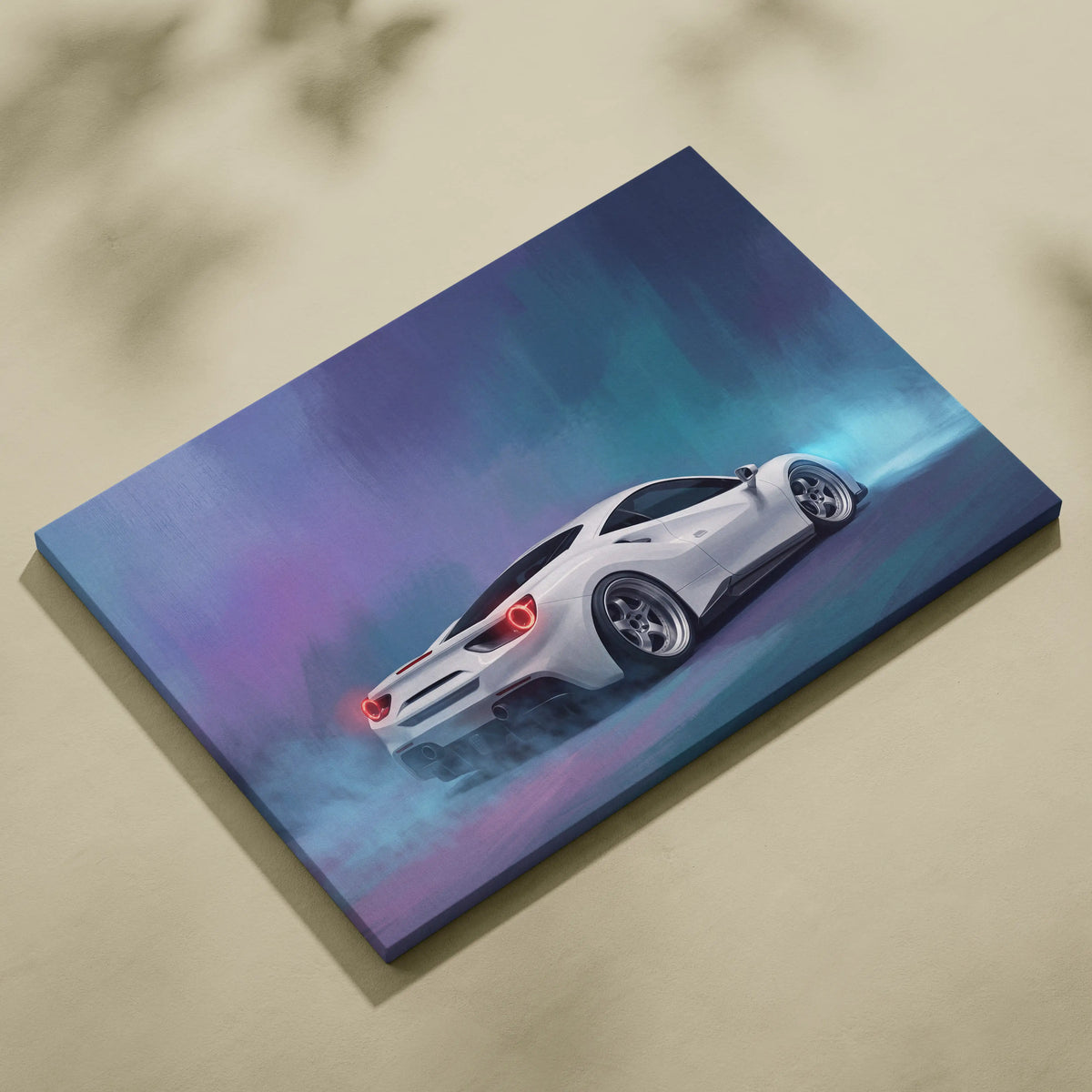 White sports car canvas print with glowing red taillights and custom alloy wheels on vibrant purple teal backdrop