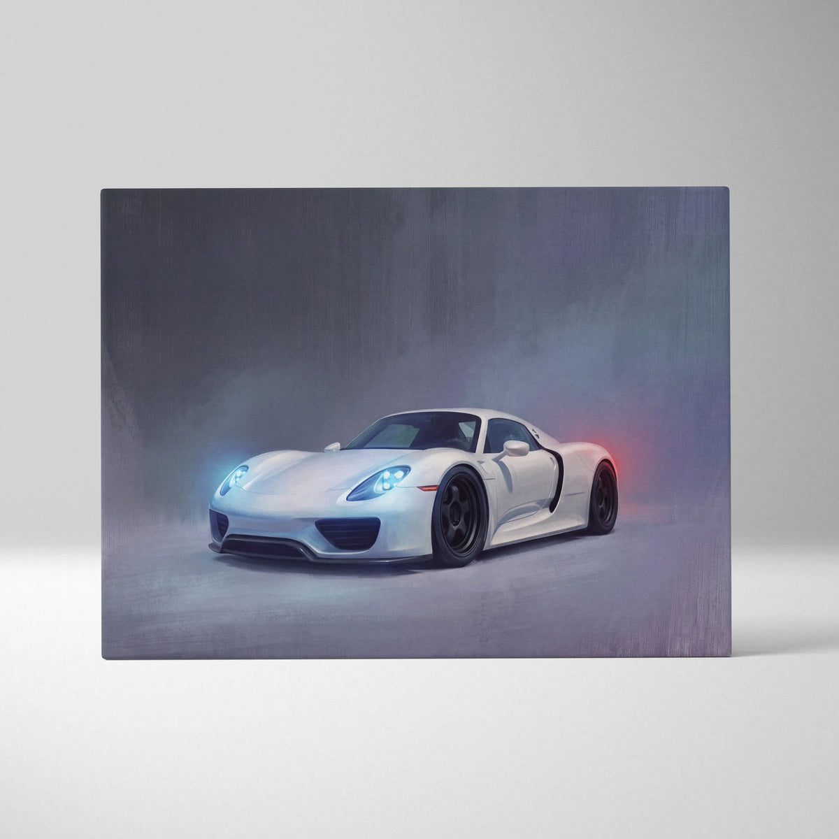 White porsche 918 spyder sports car illustration on canvas in luxury supercar wall art print