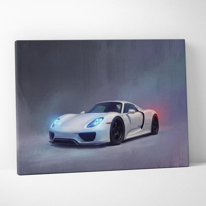 White porsche 918 spyder sports car canvas print with glowing blue and red accents luxury supercar wall art
