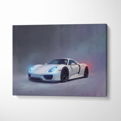 White Porsche 918 Spyder sports car canvas print with glowing blue headlights and red taillights luxury wall art