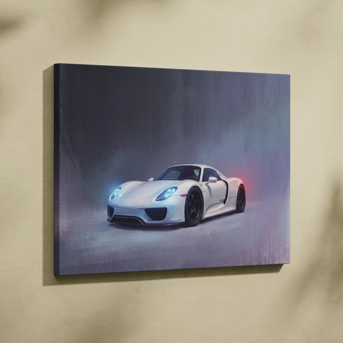 White Porsche 918 Spyder luxury supercar canvas print with glowing blue headlights and red taillights wall art