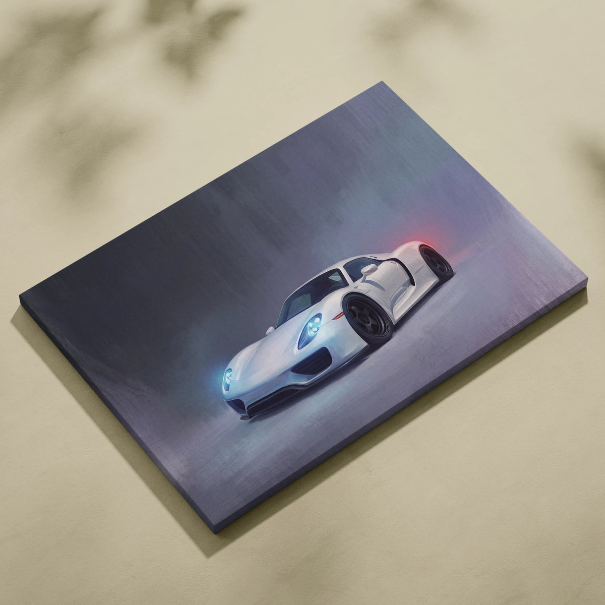 White Porsche 918 Spyder sports car canvas print with glowing blue headlights and red taillights on dark background