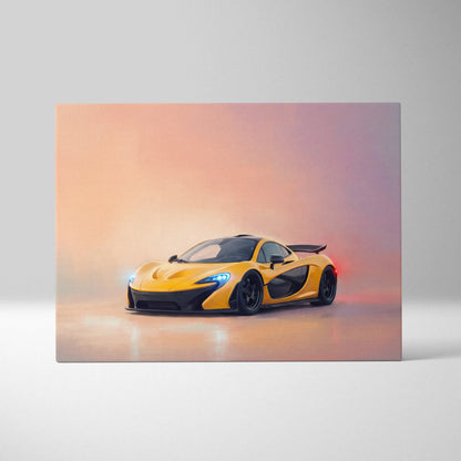 McLaren P1 inspired car wall art canvas print featuring vibrant yellow sports car with black accents and blue headlights
