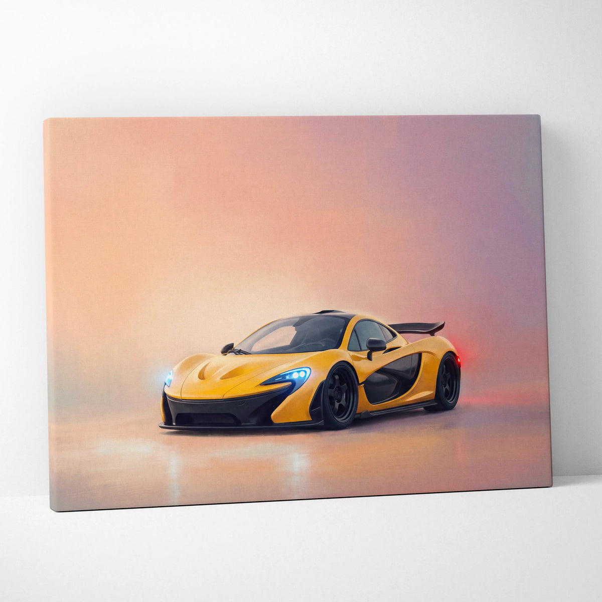 Vibrant yellow McLaren P1 inspired sports car canvas print with sleek black accents and glowing blue headlights