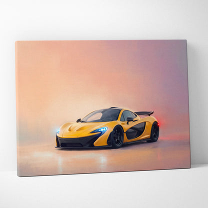 Vibrant yellow McLaren P1 inspired sports car canvas print with sleek black accents and glowing blue headlights