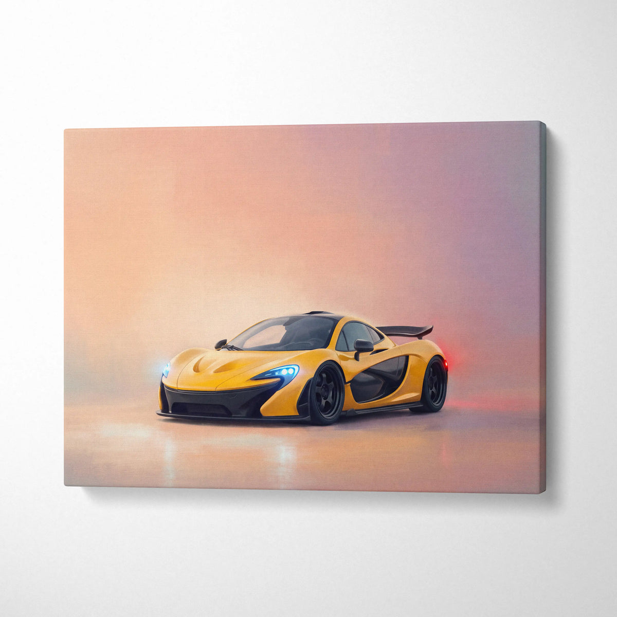 Vibrant yellow McLaren P1 inspired sports car canvas print with sleek black accents and glowing blue headlights