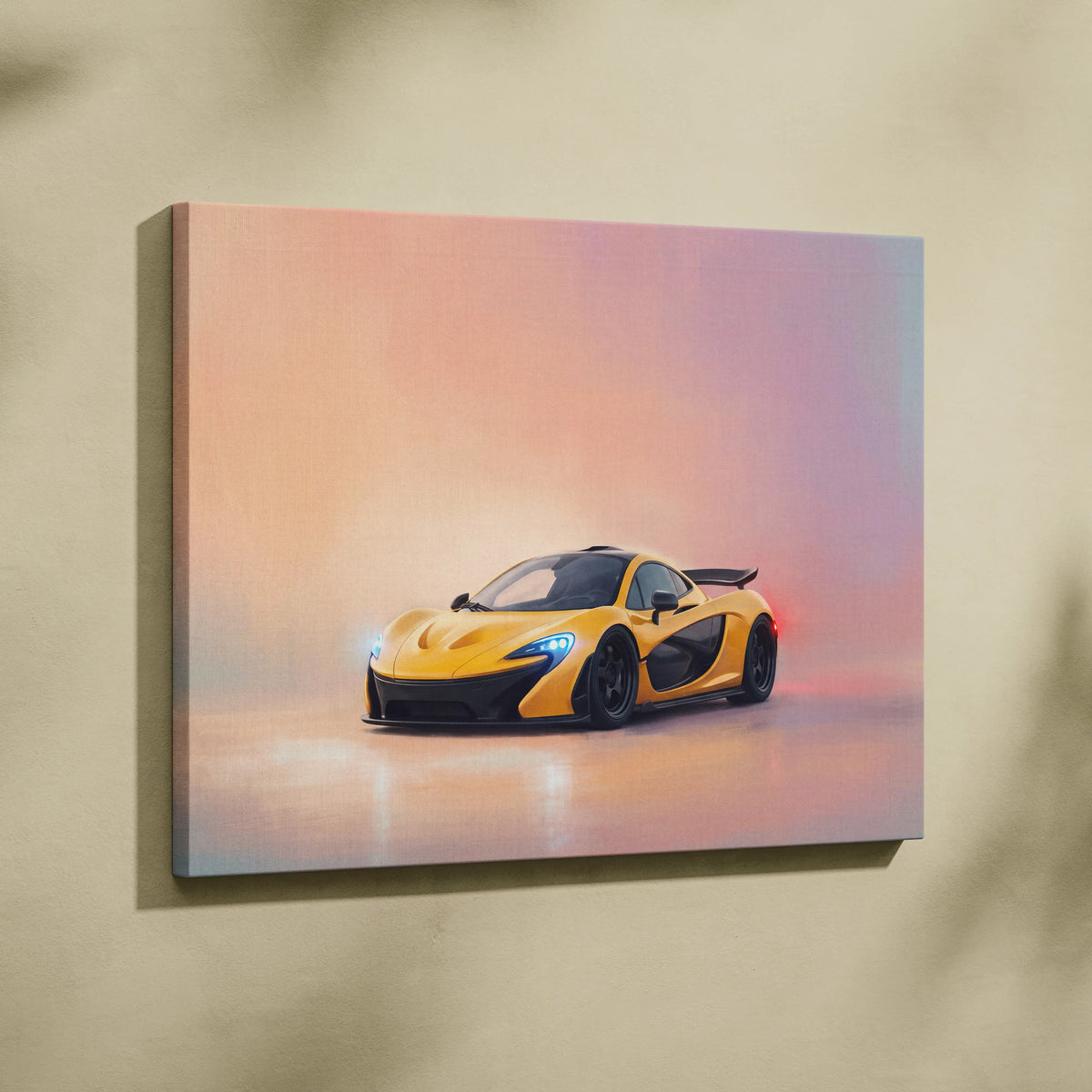 Yellow McLaren P1 inspired sports car wall art canvas print with black accents and glowing blue headlights track edition