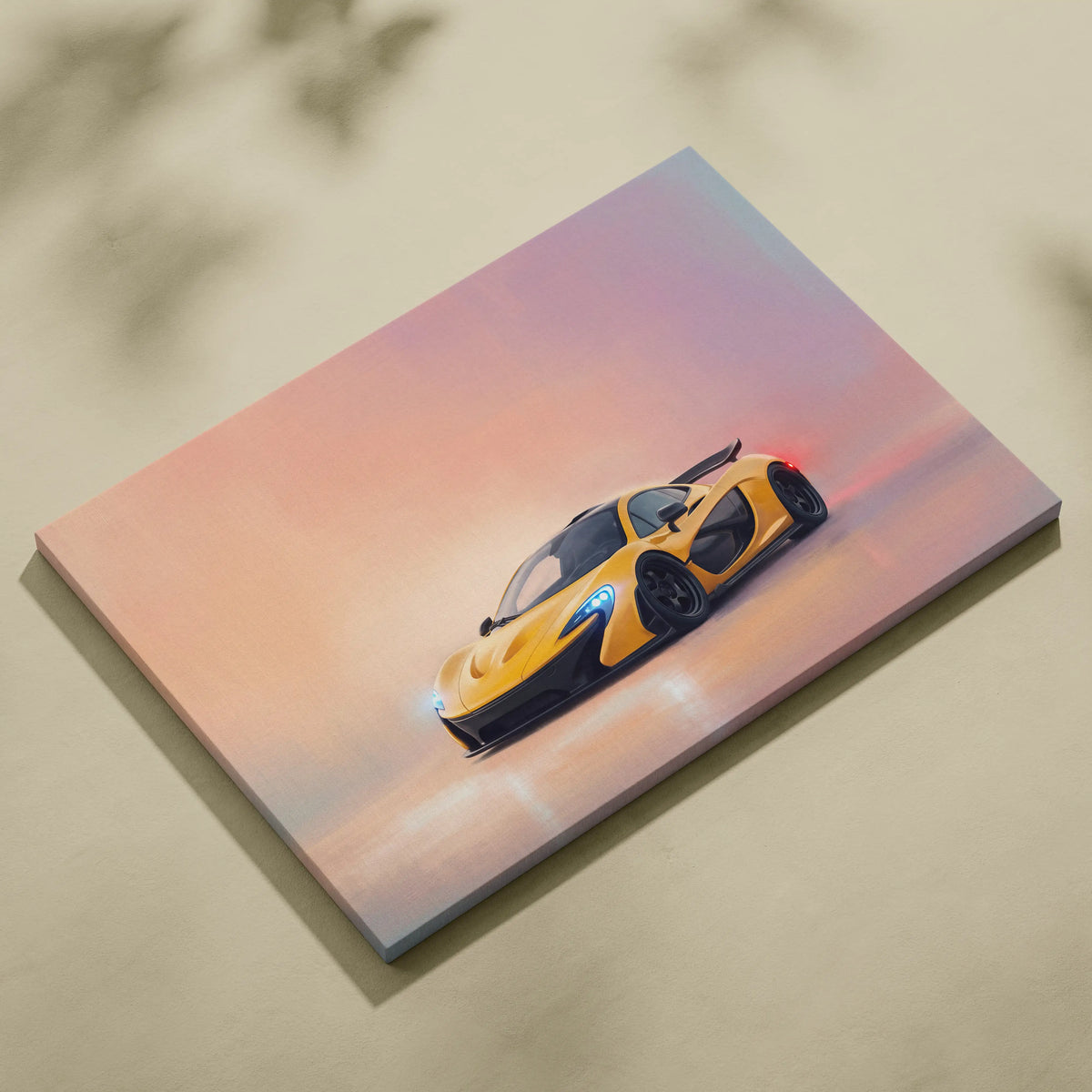 Vibrant yellow McLaren P1 sports car illustration on stretched canvas with a soft gradient sunset backdrop wall art print