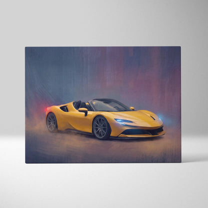 Vibrant yellow Ferrari SF90 Spider convertible art print on premium canvas for automotive wall decor