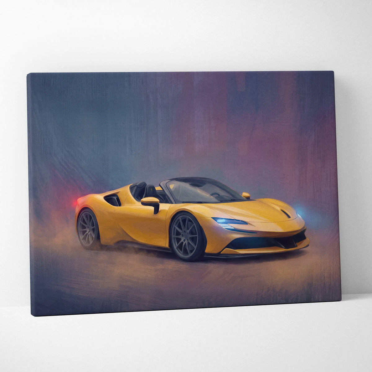 Vibrant yellow ferrari sf90 spider inspired canvas art featuring a dynamic sports car print for premium wall decor