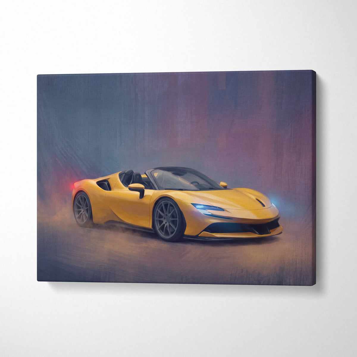 Vibrant yellow Ferrari f8 spider sports car on dynamic painterly canvas print premium automotive wall decor
