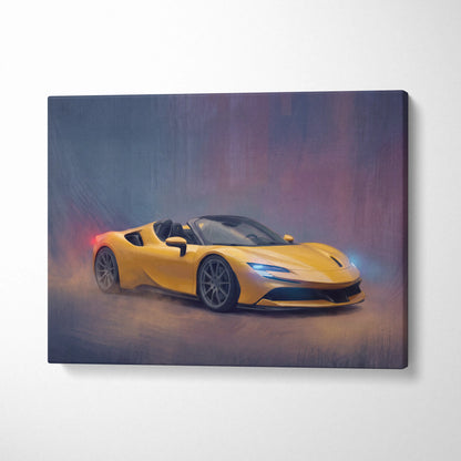Vibrant yellow Ferrari f8 spider sports car on dynamic painterly canvas print premium automotive wall decor