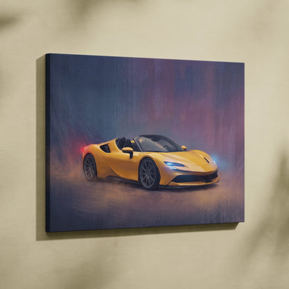 Vibrant yellow Ferrari SF90 Spider inspired canvas art with sleek design and glowing headlights for wall decor