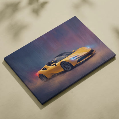 Vibrant yellow mclaren sports car with glowing blue and red accents on dynamic motion-blurred canvas print wall decor