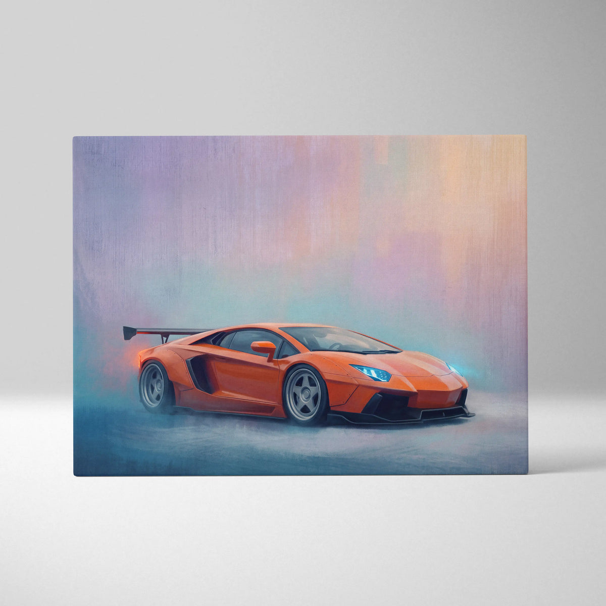 Lamborghini aventador inspired supercar canvas art featuring a vibrant orange car with glowing blue headlights and smoky background