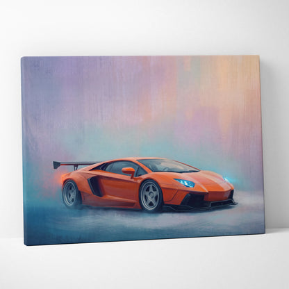 Vibrant orange Lamborghini Aventador inspired supercar canvas art featuring a dynamic stylized painting on canvas