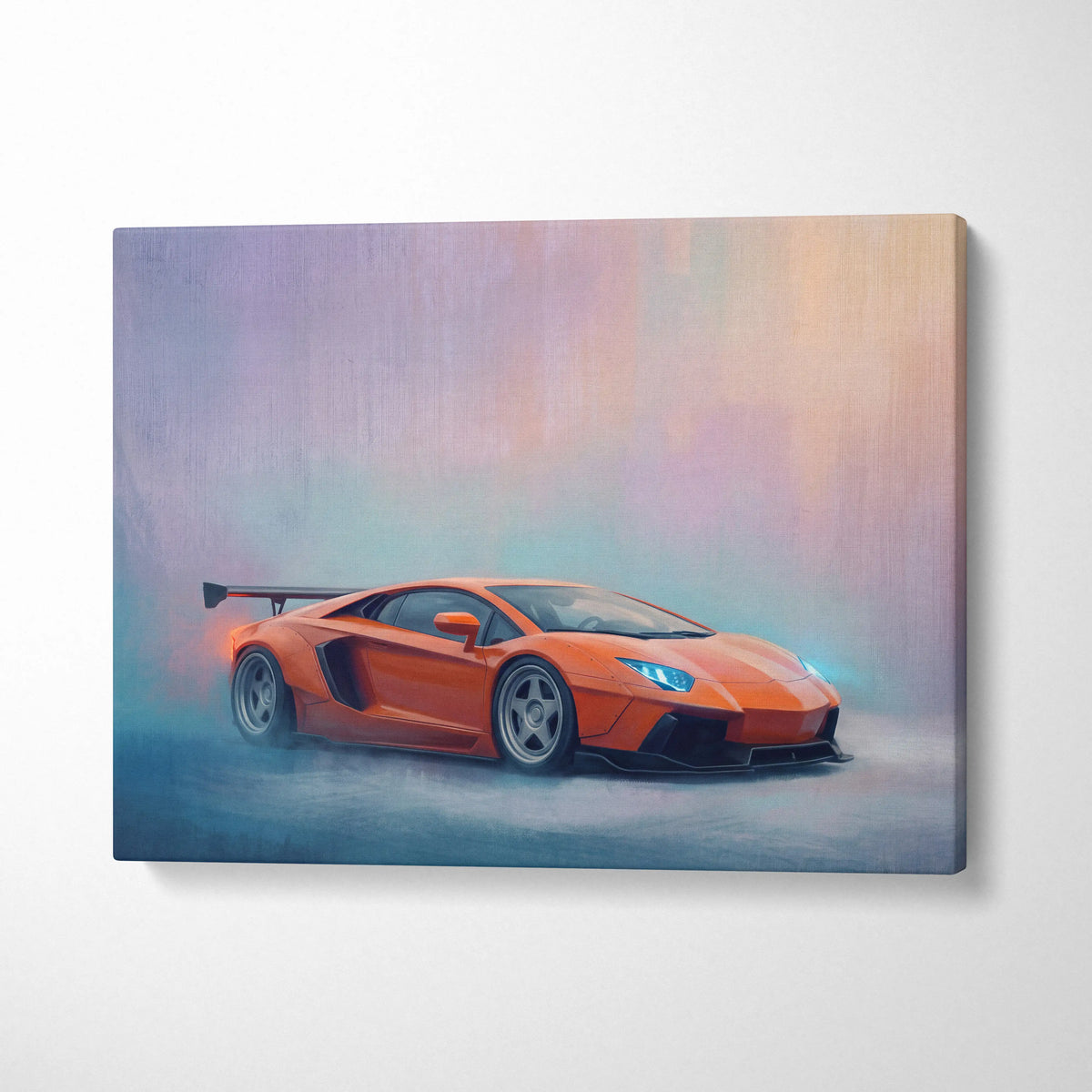 Vibrant orange lamborghini aventador inspired supercar canvas art featuring dynamic smoky artistic rendering on canvas