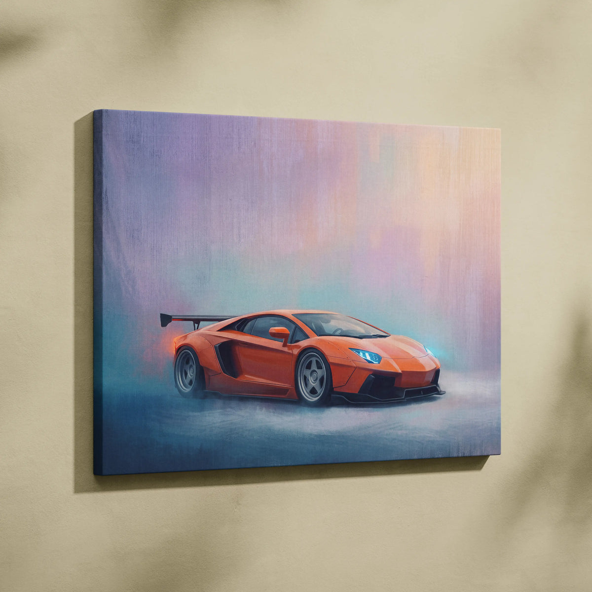 Lamborghini Aventador inspired supercar canvas art featuring a vibrant orange sports car in a misty dynamic scene