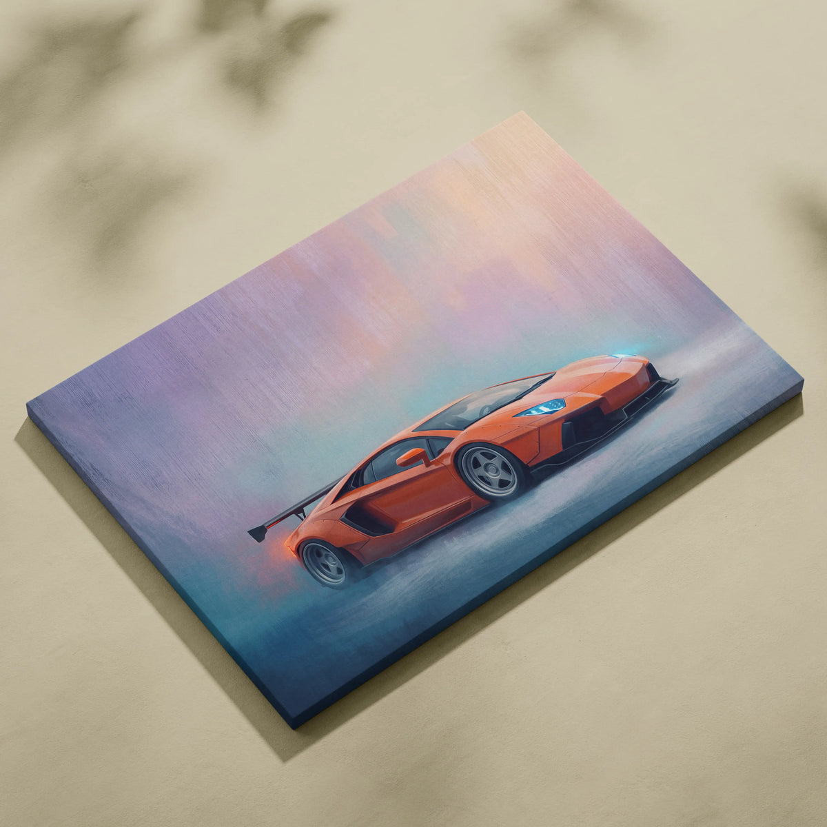 Vibrant orange Lamborghini Aventador inspired supercar canvas art print featuring a dynamic stylized painting