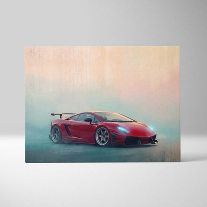 Lamborghini Gallardo inspired car wall art featuring a red sports car with glowing blue headlights on canvas print