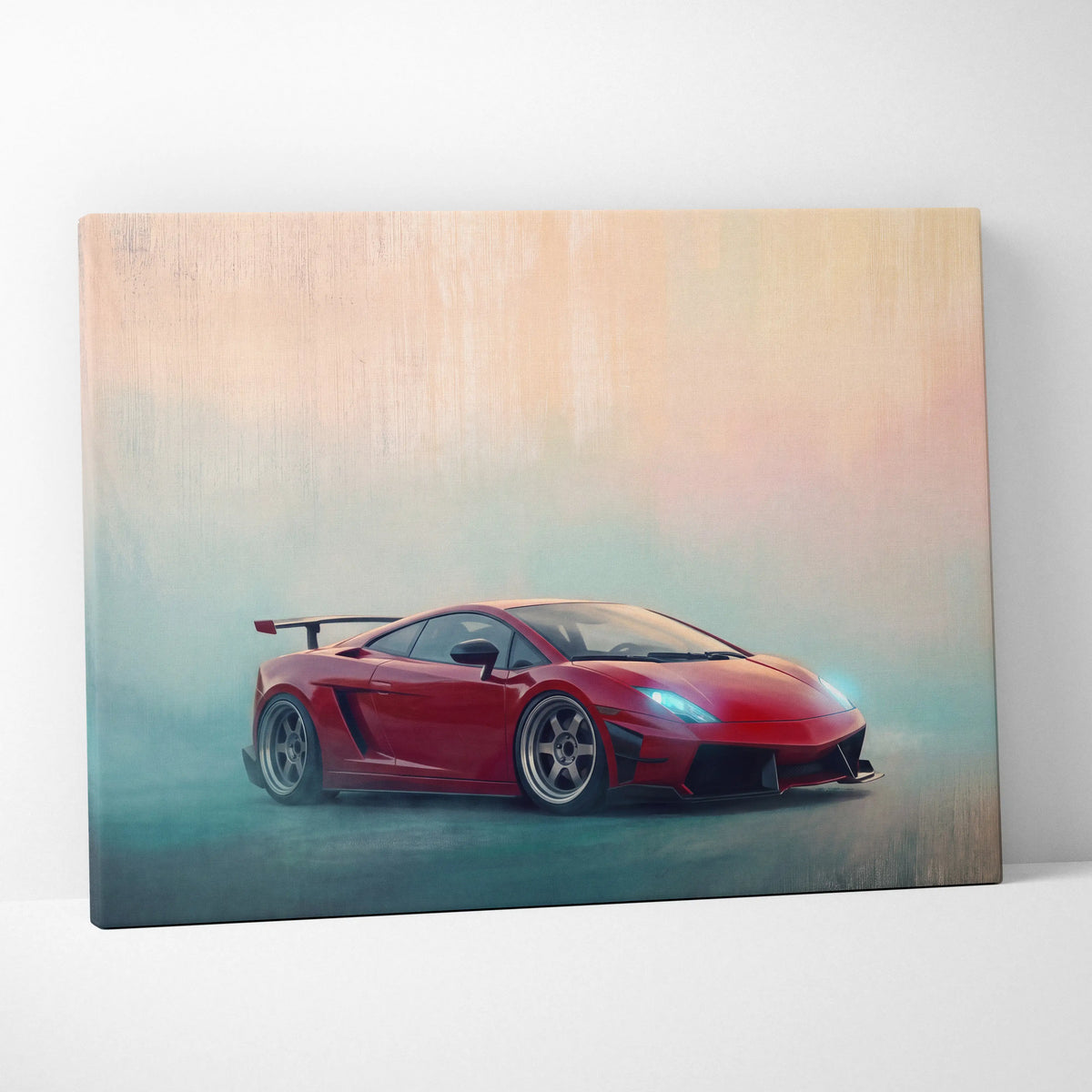 Red lamborghini gallardo sports car stylized painting on canvas in a track edition wall art print