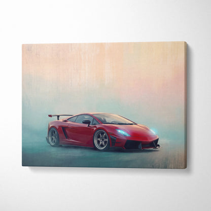 Red lamborghini gallardo inspired canvas wall art featuring sleek design with glowing headlights and rear spoiler