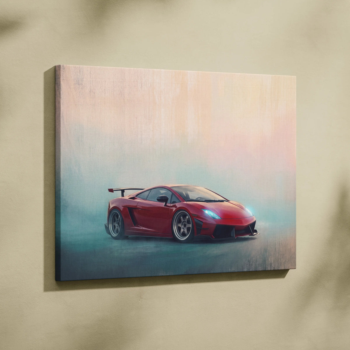 Red lamborghini gallardo inspired car wall art canvas print featuring sleek design and glowing headlights on misty background
