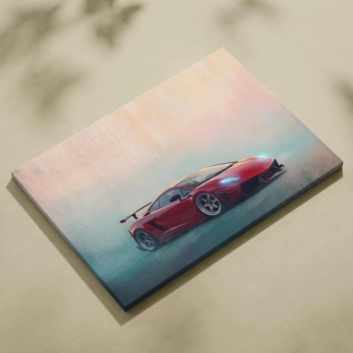 Lamborghini Gallardo inspired red canvas wall art featuring sleek sporty design with glossy finish and gradient sky backdrop