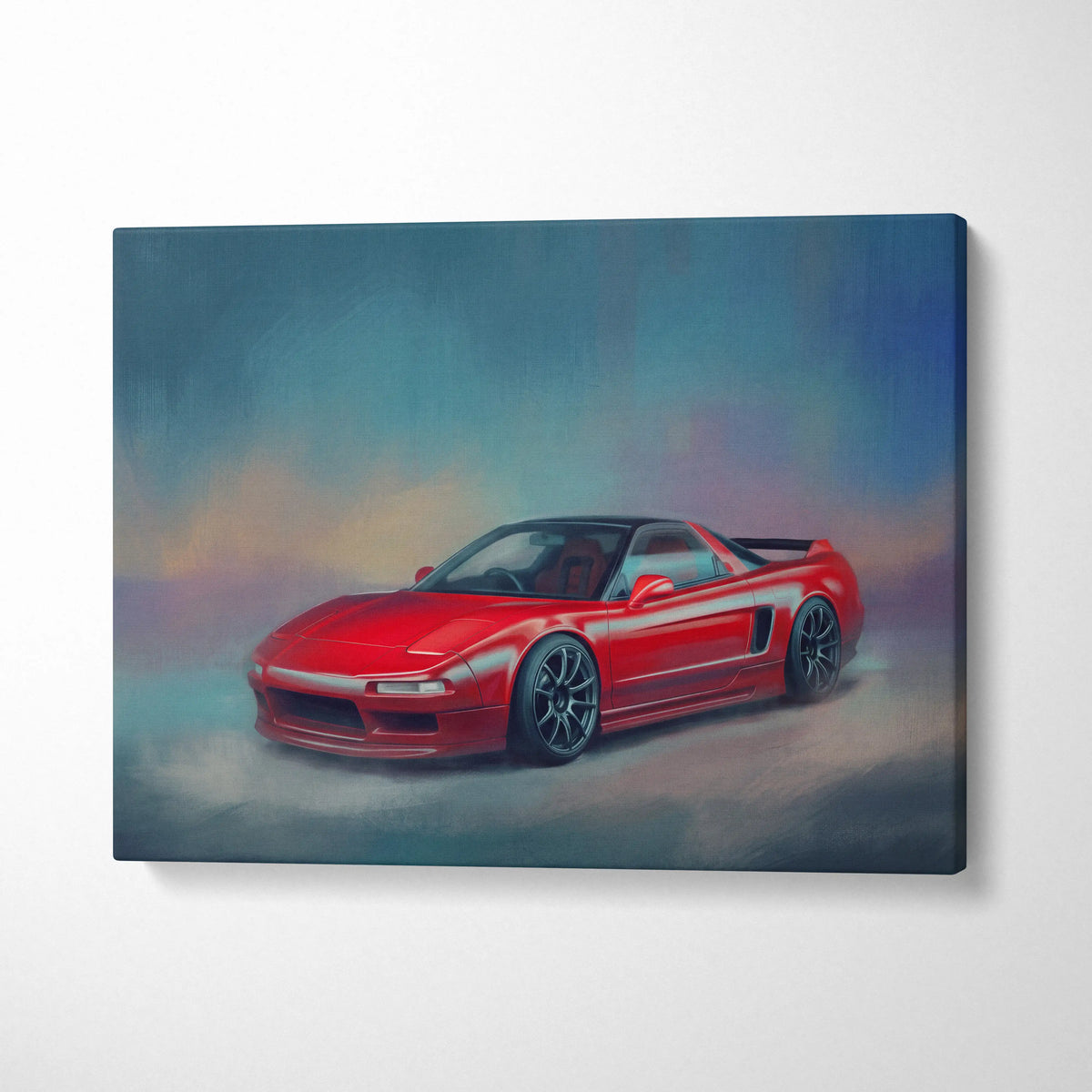 Vibrant red honda nsx sports car depicted in dynamic painterly style on canvas automotive wall art for living room