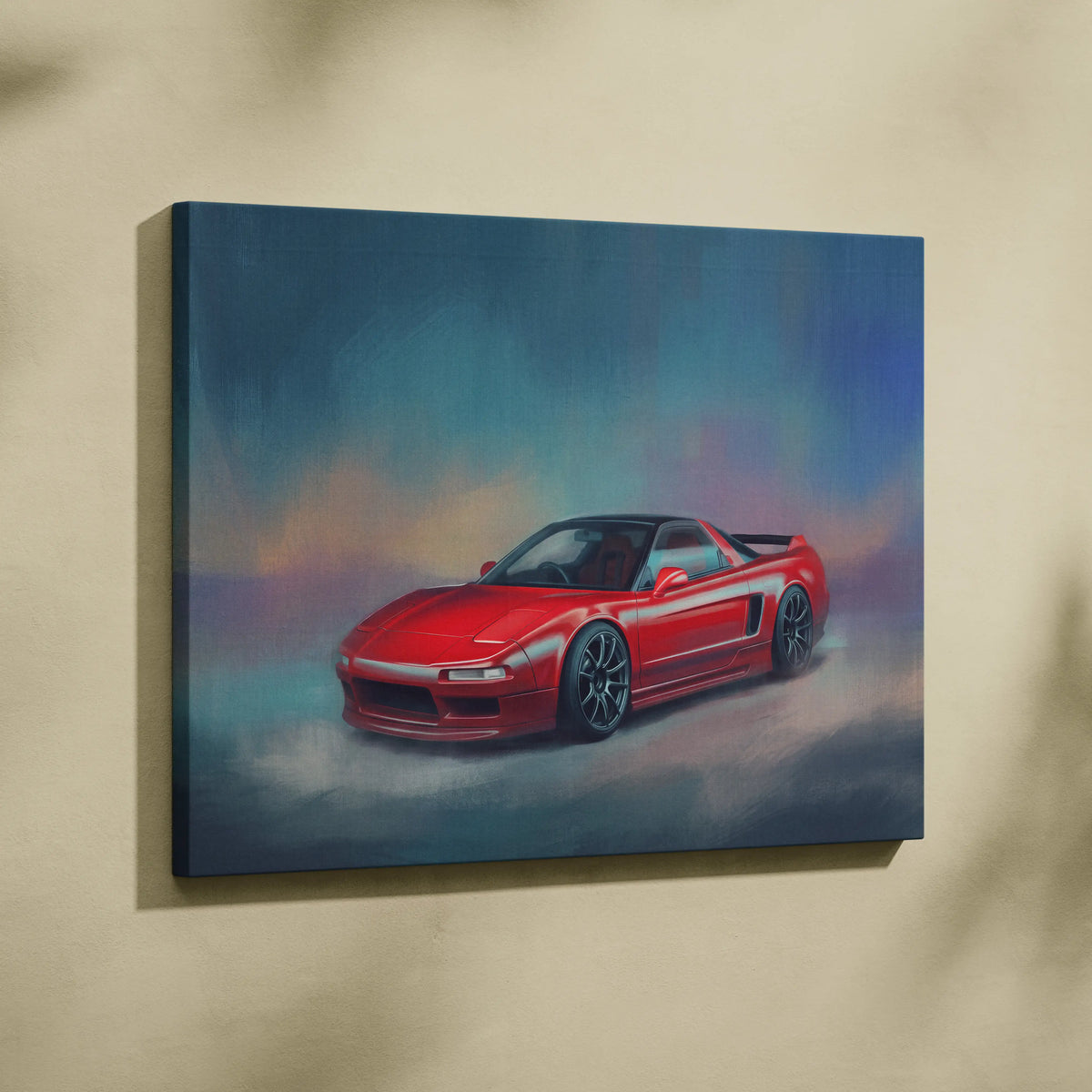 Vibrant red acura nsx sports car depicted in a dynamic canvas painting for living room automotive wall art