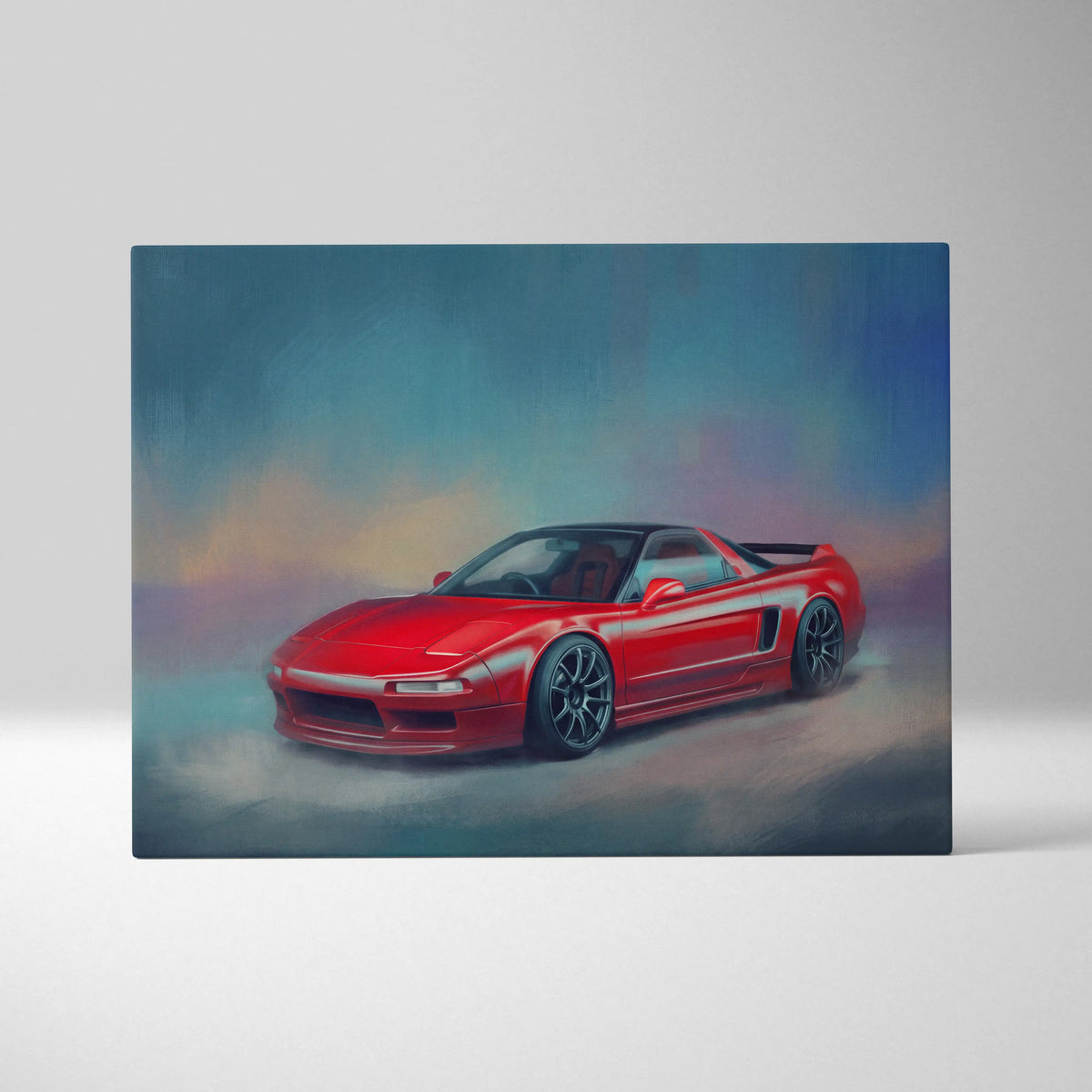 Vibrant red acura nsx sports car canvas painting with black rims and sleek lines for living room wall art