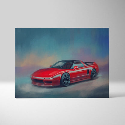 Vibrant red acura nsx sports car canvas painting with black rims and sleek lines for living room wall art