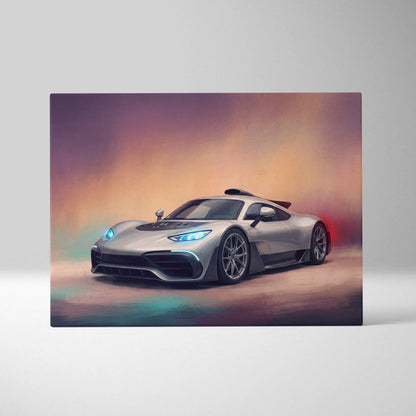 Silver mclaren senna sports car with glowing blue headlights and black accents on luxury supercar canvas print