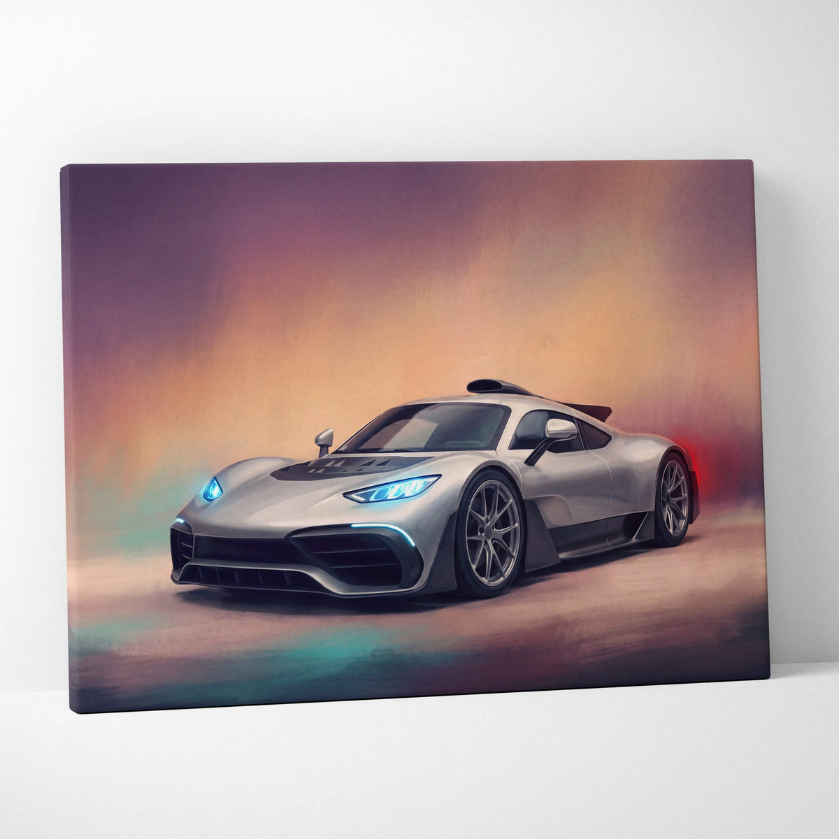 Silver mercedes-amg one inspired automotive canvas print with glowing blue headlights and vibrant gradient background