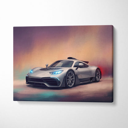 Mercedes-AMG One inspired silver hypercar canvas print with glowing blue headlights and aerodynamic contours wall art