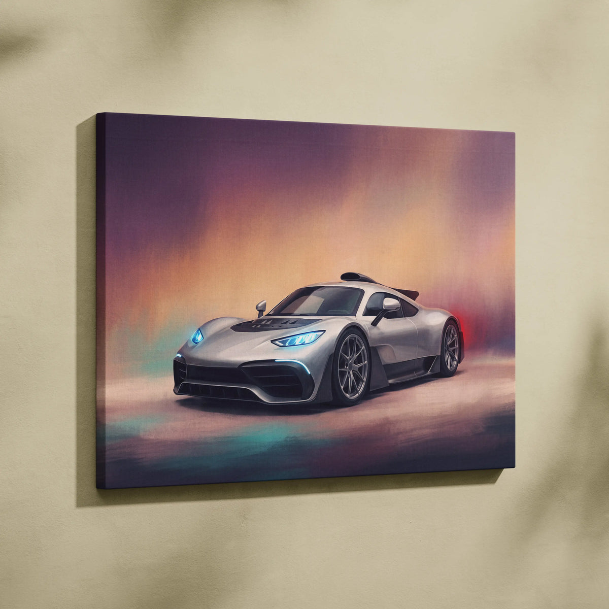 Silver mclaren senna sports car canvas print with glowing blue headlights and dynamic gradient background for wall art