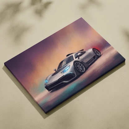 Silver mercedes amg one inspired sports car canvas print with glowing blue headlights and purple orange sky background