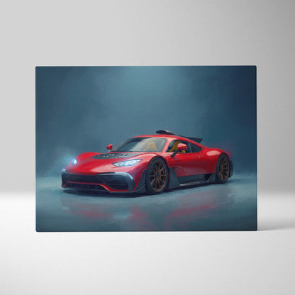 Mercedes-AMG One inspired car wall art featuring a vibrant red hypercar with sleek aerodynamic design and black accents on canvas