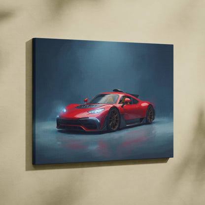 Mercedes-AMG One inspired car wall art canvas print featuring a red sports car with black accents and gold rims