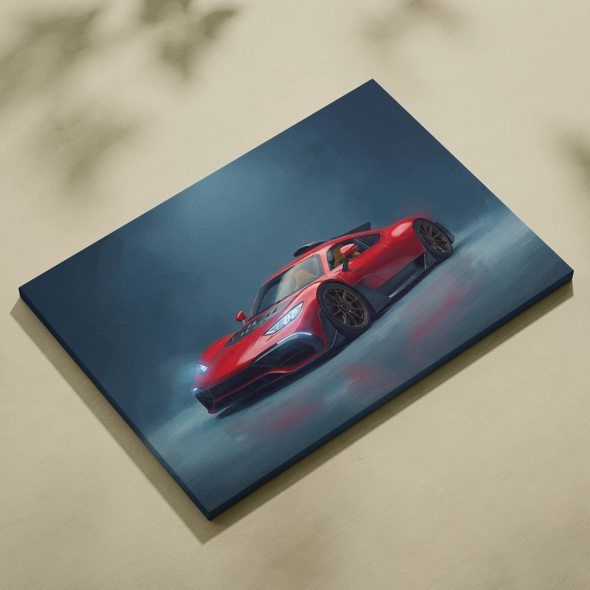 Red sports car illustration on dark blue canvas in Mercedes-AMG One inspired car wall art track edition print