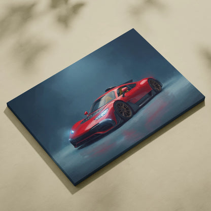 Red sports car illustration on dark blue canvas in Mercedes-AMG One inspired car wall art track edition print