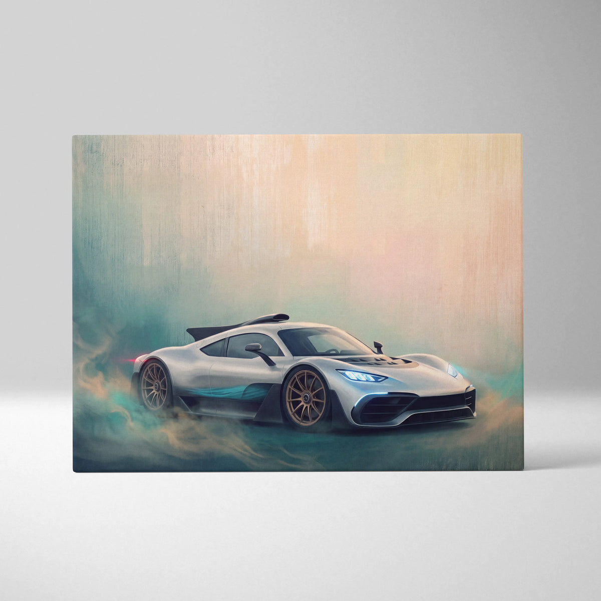 Silver and teal Mercedes-AMG One inspired automotive wall art featuring a sleek hypercar with glowing headlights on canvas